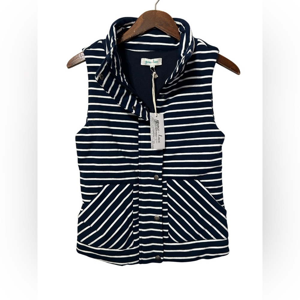 Grace & Lace Knit Puffer Vest Navy White Striped Size XXS